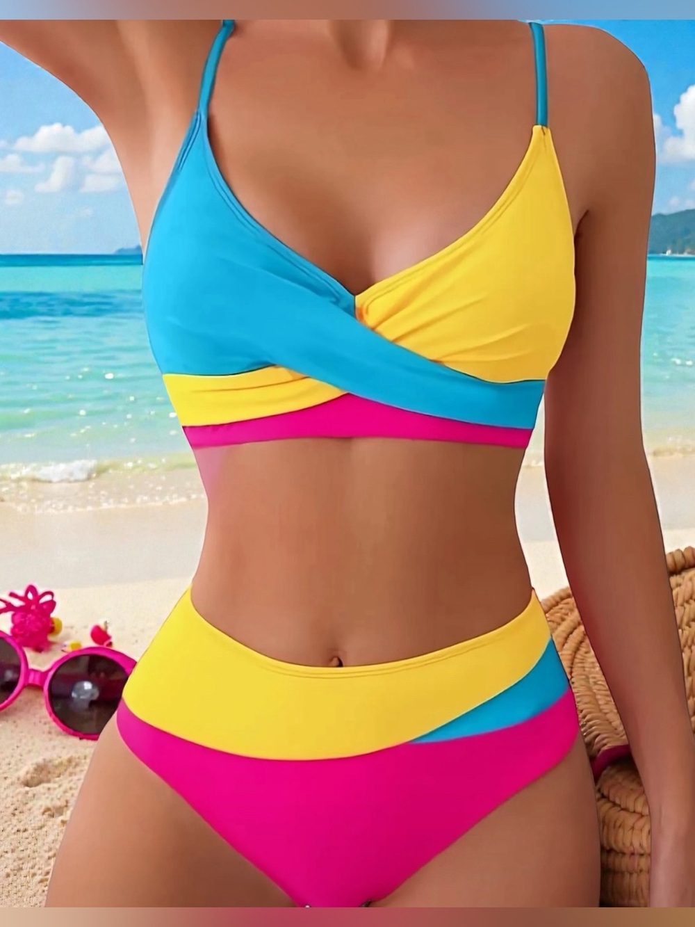 Modern Muse Colorblock High-Waist Bikini Set - Yellow, Blue & Pink